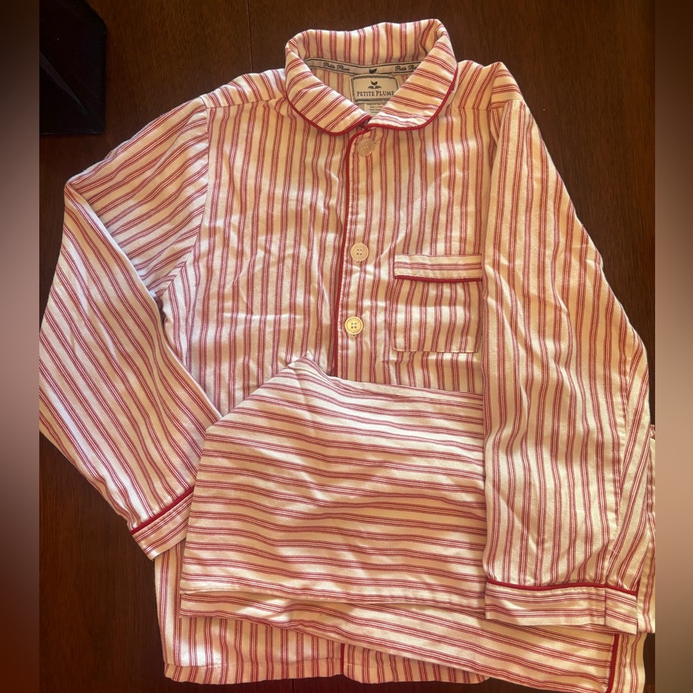Petite Plume pajamas, red and cream stripe, size 8